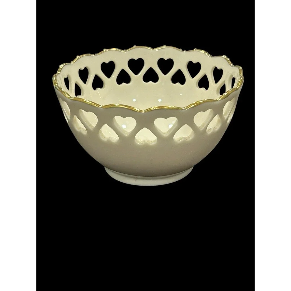 Lenox China Heart Collection 24K  Gold Trim Pierced Bowl with an Embossed Rose